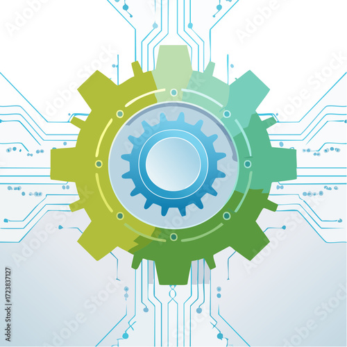 Abstract technology background with green and blue gears and a circuit board, representing engineering and industrial automation.