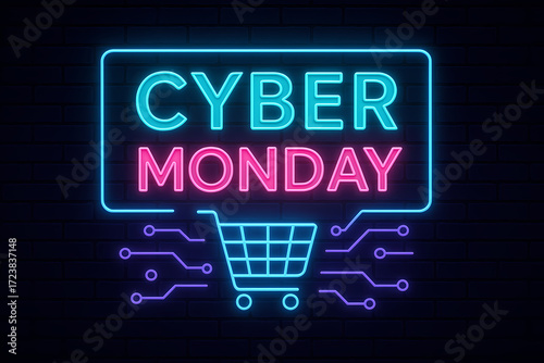 Cyber Monday Neon Sign with Shopping Cart and Futuristic Digital Elements, Modern Illustration for Online Shopping, E-Commerce Sales and Seasonal Marketing Projects