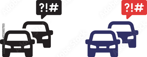 design, traffic, illustration, icons, vector, frustration, traffic jam, cars, congestion, road, anger, speech bubble, exclamation mark, question mark, hash symbol, symbols, black, blue, red, communica