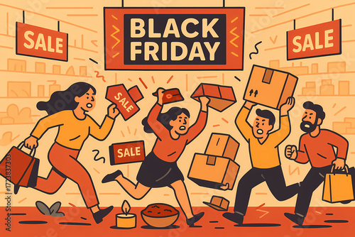 Black Friday Shopping Frenzy in Retail Store with People Running and Carrying Bags and Boxes, Chaotic Cartoon Illustration with SALE Signs for Seasonal Marketing Projects