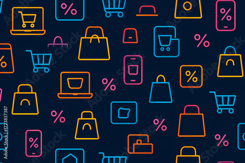 Seamless Pattern with Laptops, Smartphones, Online Shopping Carts and E-Commerce Icons, Futuristic Illustration for Black Friday, Cyber Monday and Seasonal Marketing Projects