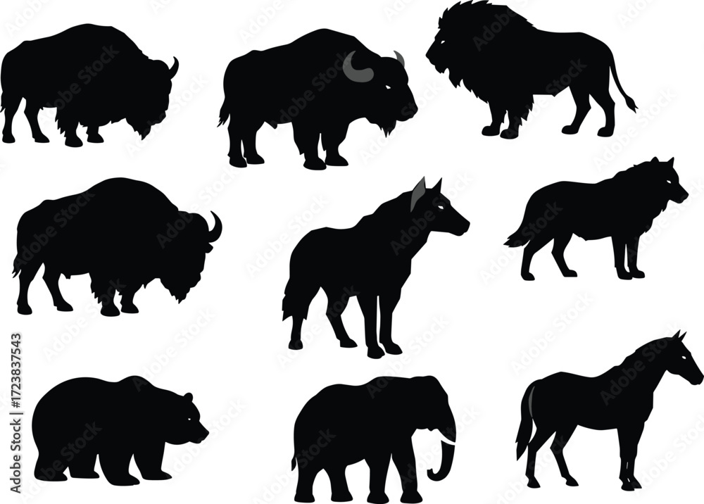 Naklejka premium Vector illustration of bison, lion, wolf, bear, elephant, and horse silhouettes, wild animal black drawings for nature and safari design