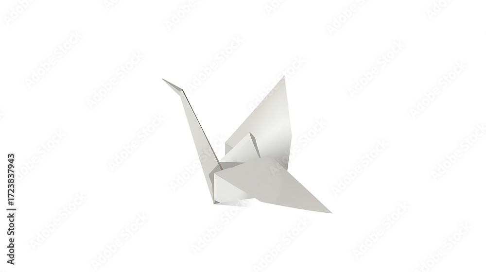 Fototapeta premium A delicate white origami paper crane is captured in a studio shot against a stark white background, symbolizing peace and hope.