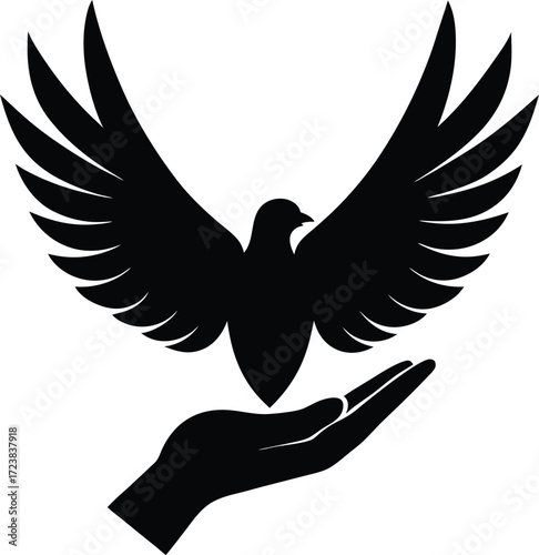 Silhouette of a hand with open bird wings above a friend or companion