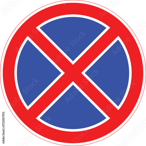 No stopping or standing sign with blue circle and red X symbol.