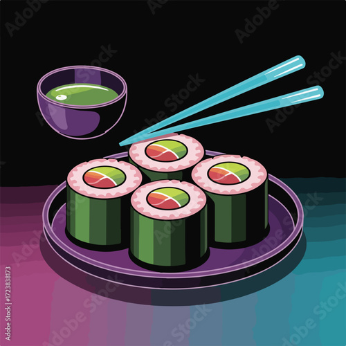 Sushi with chopsticks on a plate isolated food illustration