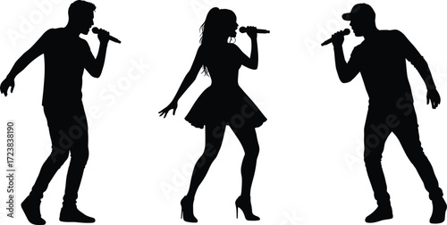 Silhouette of male and female singers holding microphones, music performance vector illustration for concert, entertainment, stage show, vocal talent, festival, sound, live performance