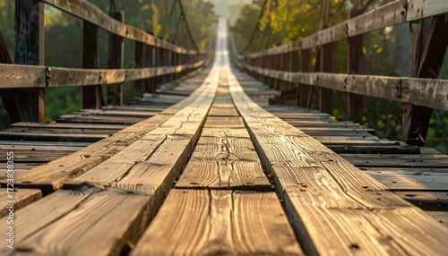 Weathered Wooden Suspension Bridge in Sunlight