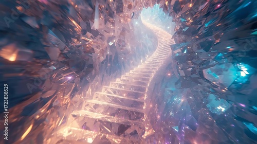 A surreal, glowing staircase ascends through a cavern of shimmering, crystalline formations, bathed in ethereal light.