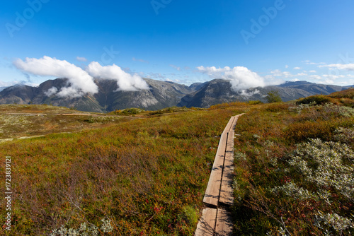 Wooden Hiking path in Norway near Hardangerfjord 