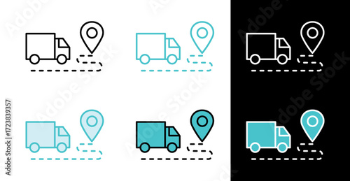 Delivery truck with location pin icon for logistics and package tracking in line and fill style