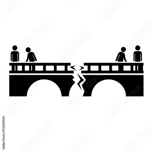 People separated by a broken bridge vector icon. A concept for conflict, divorce, and relationship problems.

