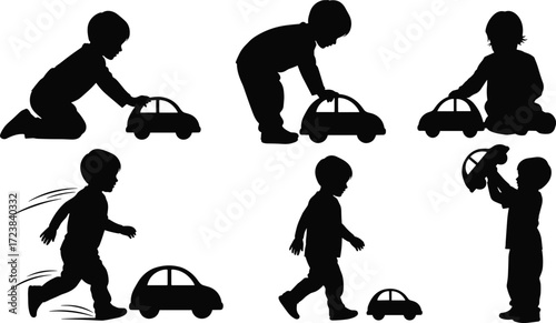 Child playing with toy car, silhouette action set, fun movement illustration, black vector design, childhood activity concept, playful pose collection