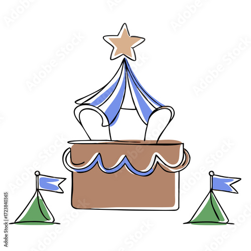 Colorful circus tent with whimsical flags on white background  