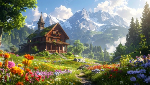 Fototapeta Naklejka Na Ścianę i Meble -  Alpine chalet in a floral meadow
