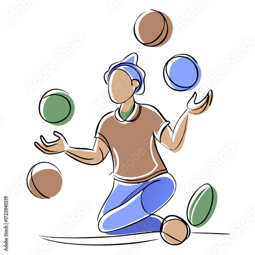Juggler performing with colored balls in playful style  