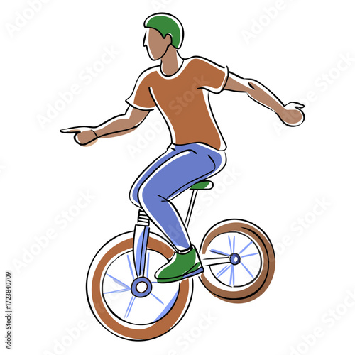 Young man riding a unicycle with a playful expression and balanced posture  