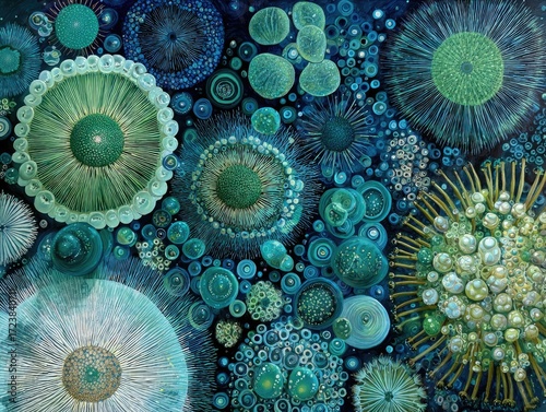 Intricate artwork featuring numerous circular, textured forms in varying shades of blue and green against a dark background