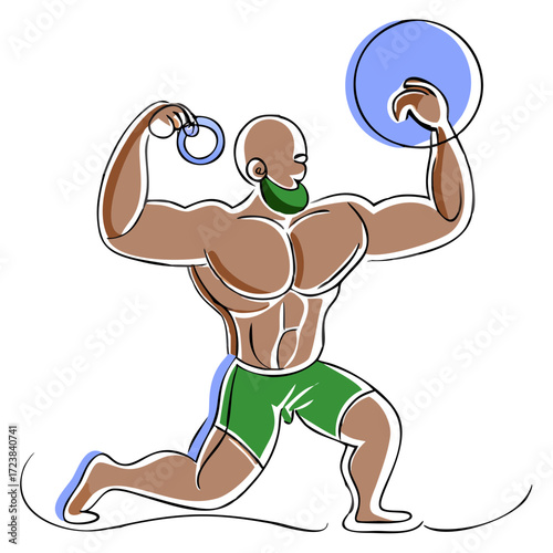 Muscular man lifting kettlebell and ball in athletic pose  