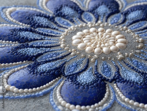 Intricate beaded floral mandala in shades of blue and white, centered with pearls