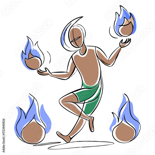 Fire juggler performing with flaming objects in dynamic pose  