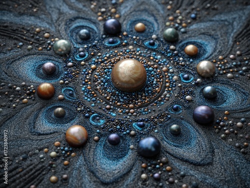 Intricate mandala of pearls and beads on dark surface
