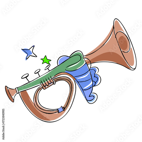 Colorful trumpet illustration with decorative stars and swirls  