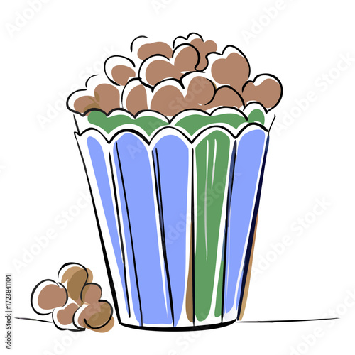Colorful popcorn bucket filled with snack on white background  
