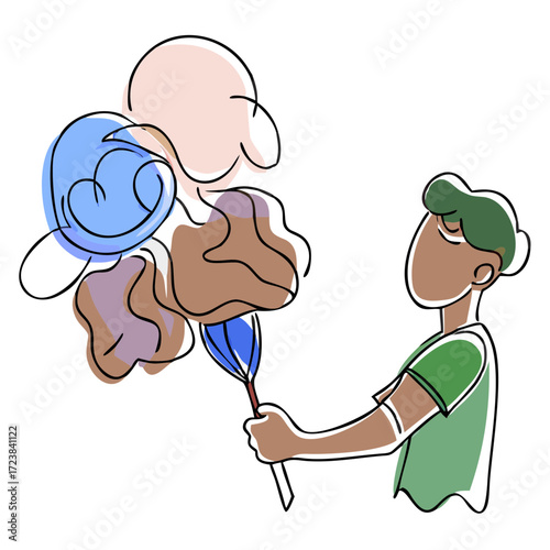 Young boy holding colorful cotton candy with a joyful expression  