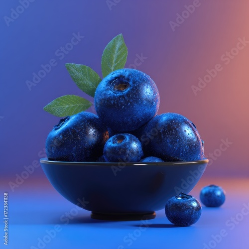 Juicy blueberries in a dark bowl against a vibrant blue background