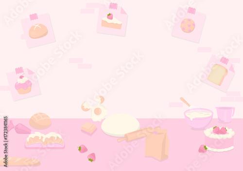 Baked goods on table and wall background