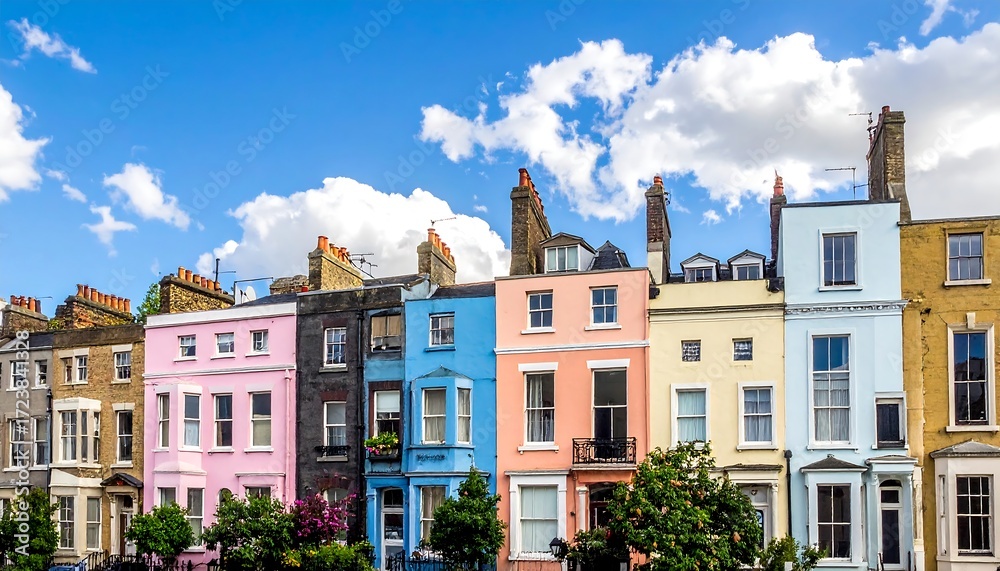 Fototapeta premium Colorful row houses under a vibrant blue sky