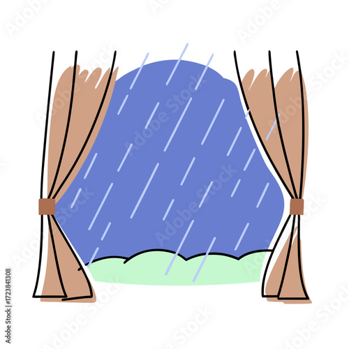 Window with curtains showing rainy weather outside  