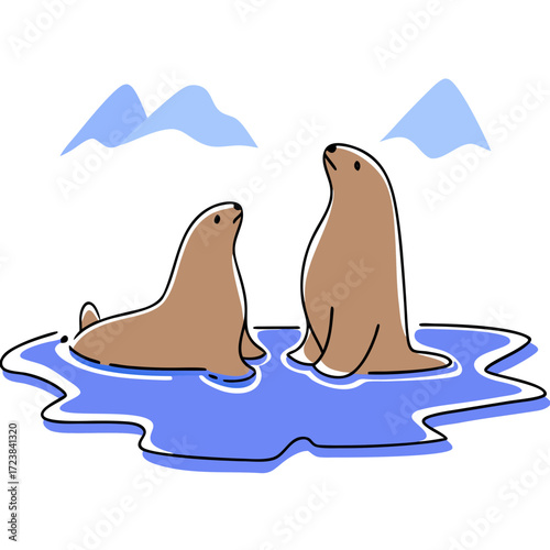 Two seals relaxing on an ice floe in a polar landscape  