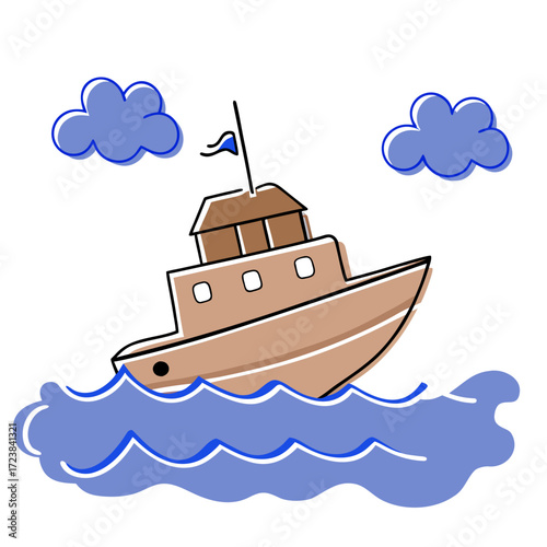 Cartoon boat sailing on blue waves under fluffy clouds  
