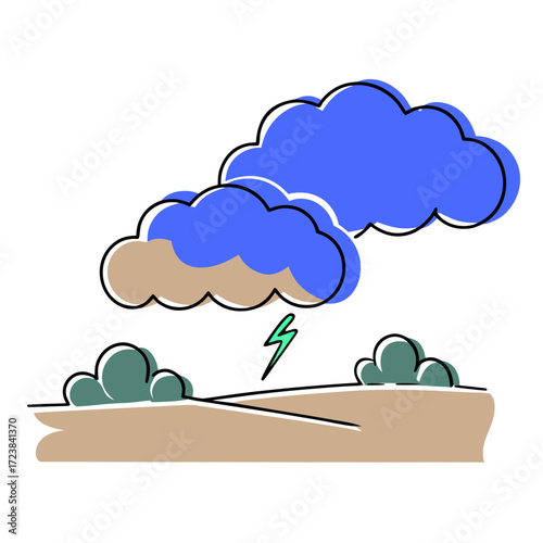 Colorful clouds with lightning over a sandy landscape  