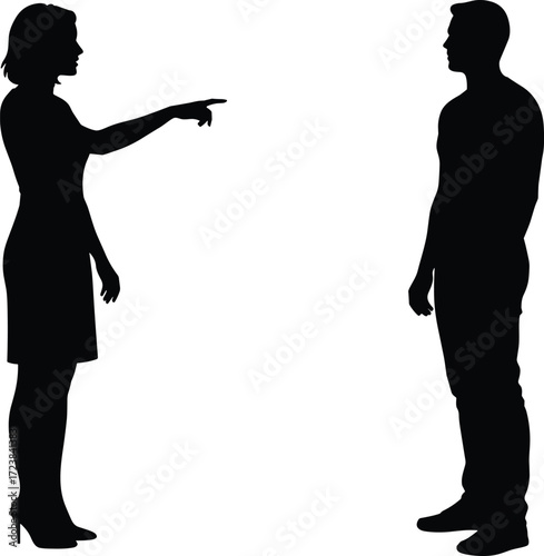 Silhouette of woman pointing finger at man, argument gesture vector illustration, people communication concept isolated on white background for conflict and relationship design