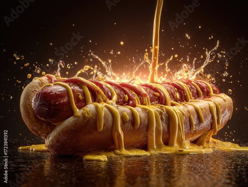 Juicy hot dog in bun, drenched in ketchup and mustard, with dynamic sauce splashes