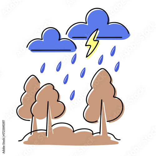 Stormy weather illustration with clouds, rain, and lightning  