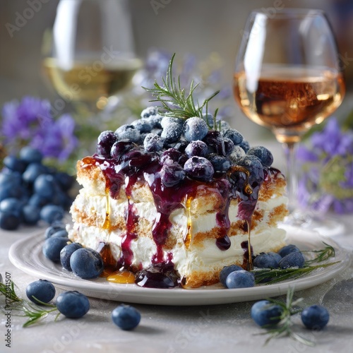 Layered cake with blueberries, cream, and a berry glaze