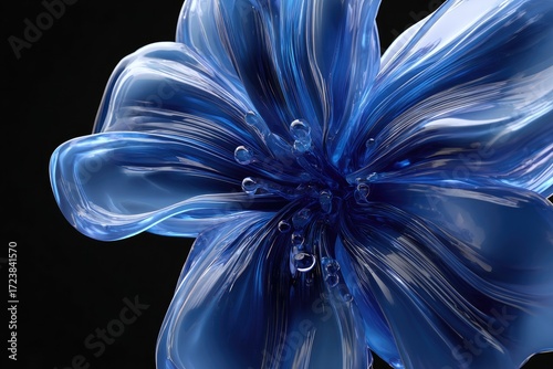 Liquid-like blue flower, translucent petals, water droplets