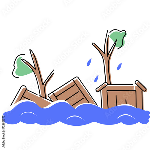 Flooded landscape with fallen trees and overturned wooden crates  