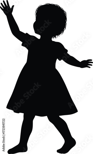 Silhouette of little girl standing and raising hand, child figure in dress vector illustration, playful childhood pose isolated on white background design