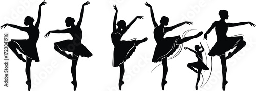 Ballet dancer silhouette set, elegant pose illustration, classical dance motion, tutu performance art, graceful vector design, artistic movement concept