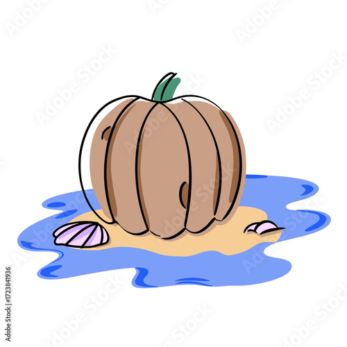 Pumpkin resting on sand near water with seashells nearby  