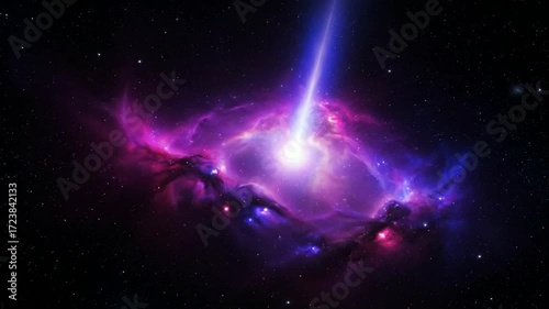A stunning animation of a powerful quasar in deep space ejecting a brilliant jet of energy from the center of a swirling purple nebula.