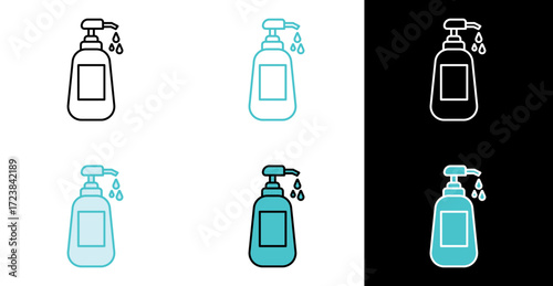 Hand sanitizer pump bottle icon for health and cleanliness in line and fill style