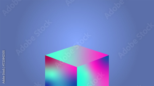 Colorful gradient cube sits against blue background, showcasing vibrant hues of pink, green, and blue. abstract design creates modern and dynamic visual effect