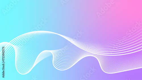 Vibrant abstract background features smooth, flowing white lines creating wave pattern against gradient backdrop of blue, purple, and pink hues. design conveys sense of motion and fluidity