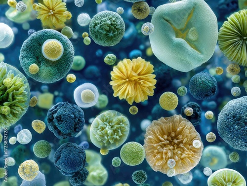 Microscopic life forms, diverse shapes, vibrant colors float in a dark blue background